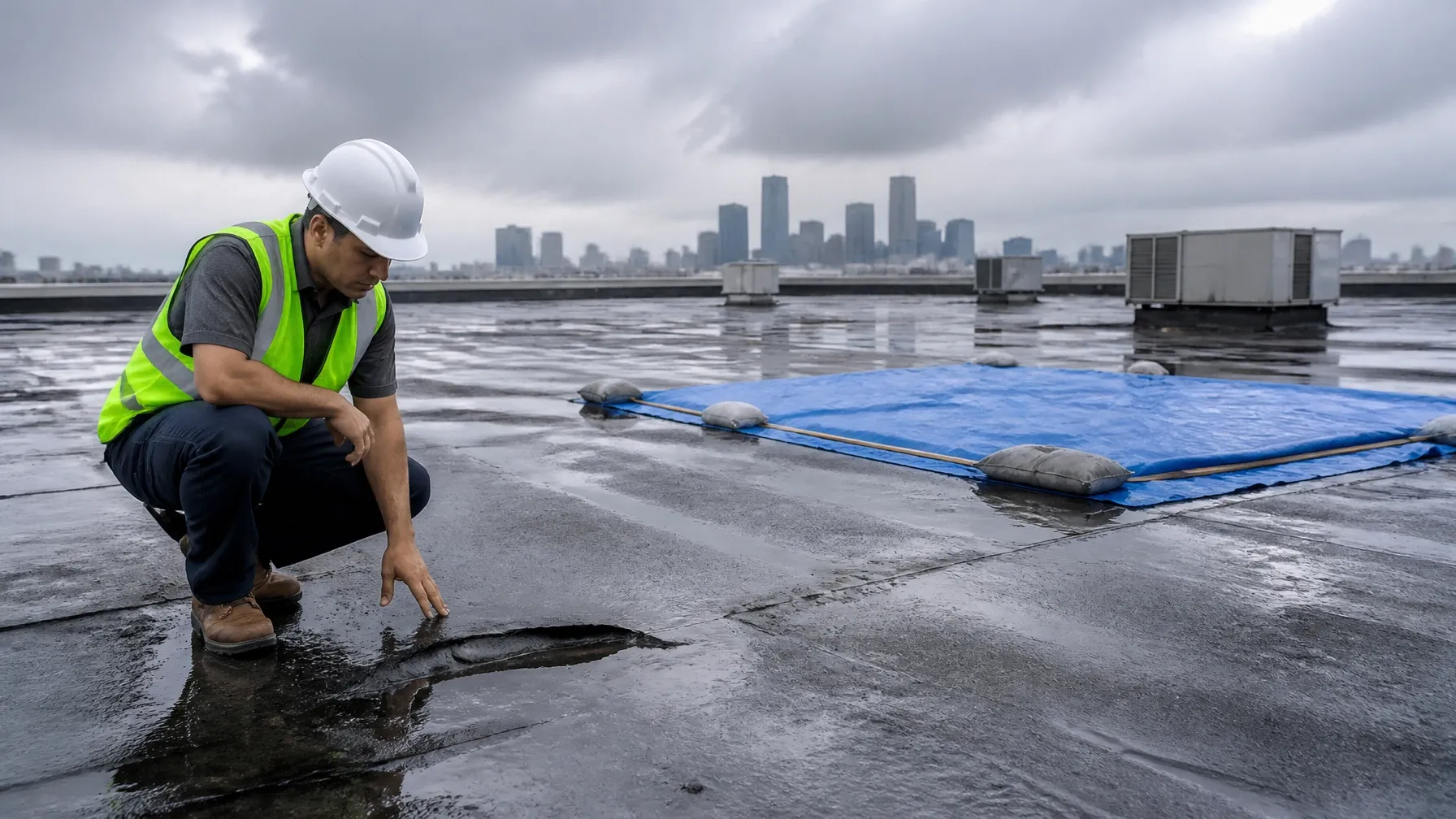 Emergency roof repair technician in a safety vest inspecting a tarped commercial roof leak after a storm