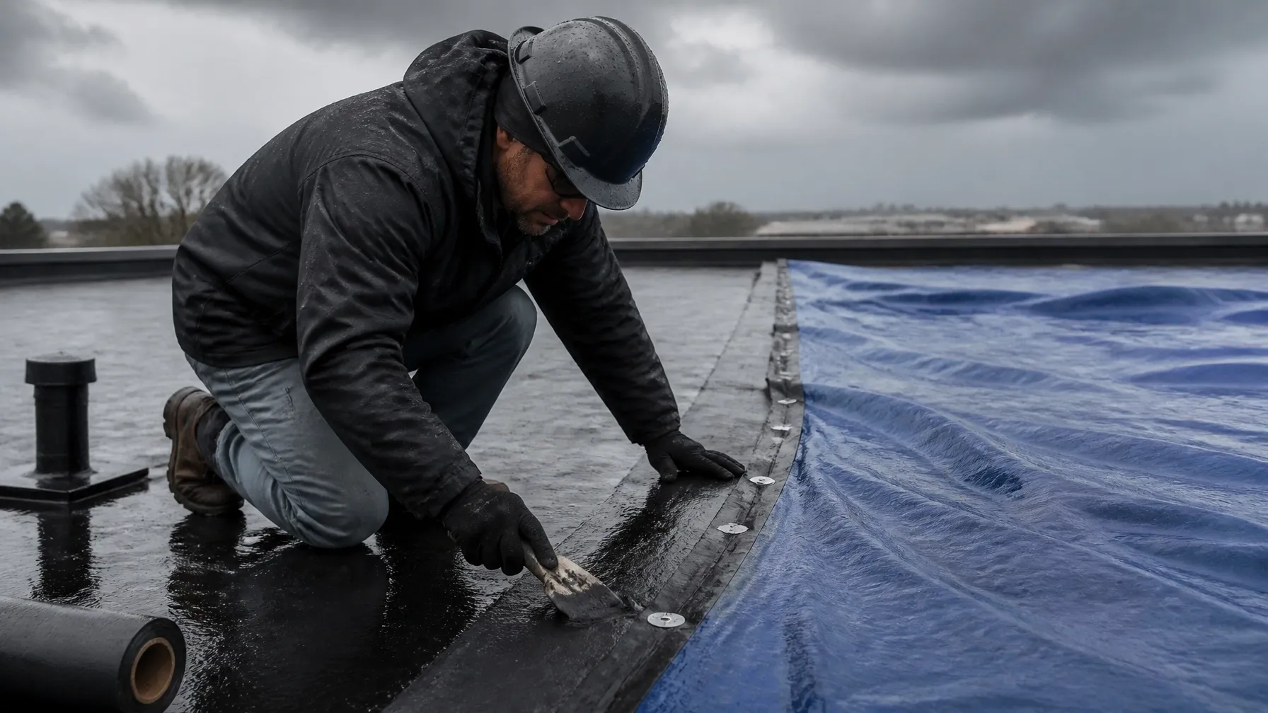 Technician in a plain jacket securing a tarp over a commercial roof leak after a storm