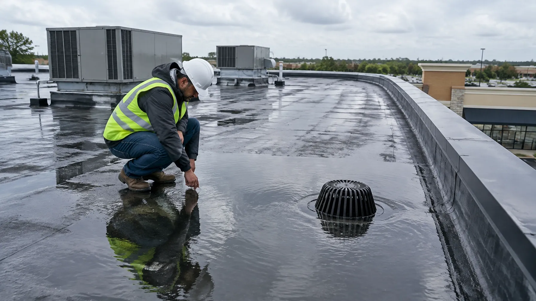 Commercial roof inspection beside a drain on a ponding low-slope roof