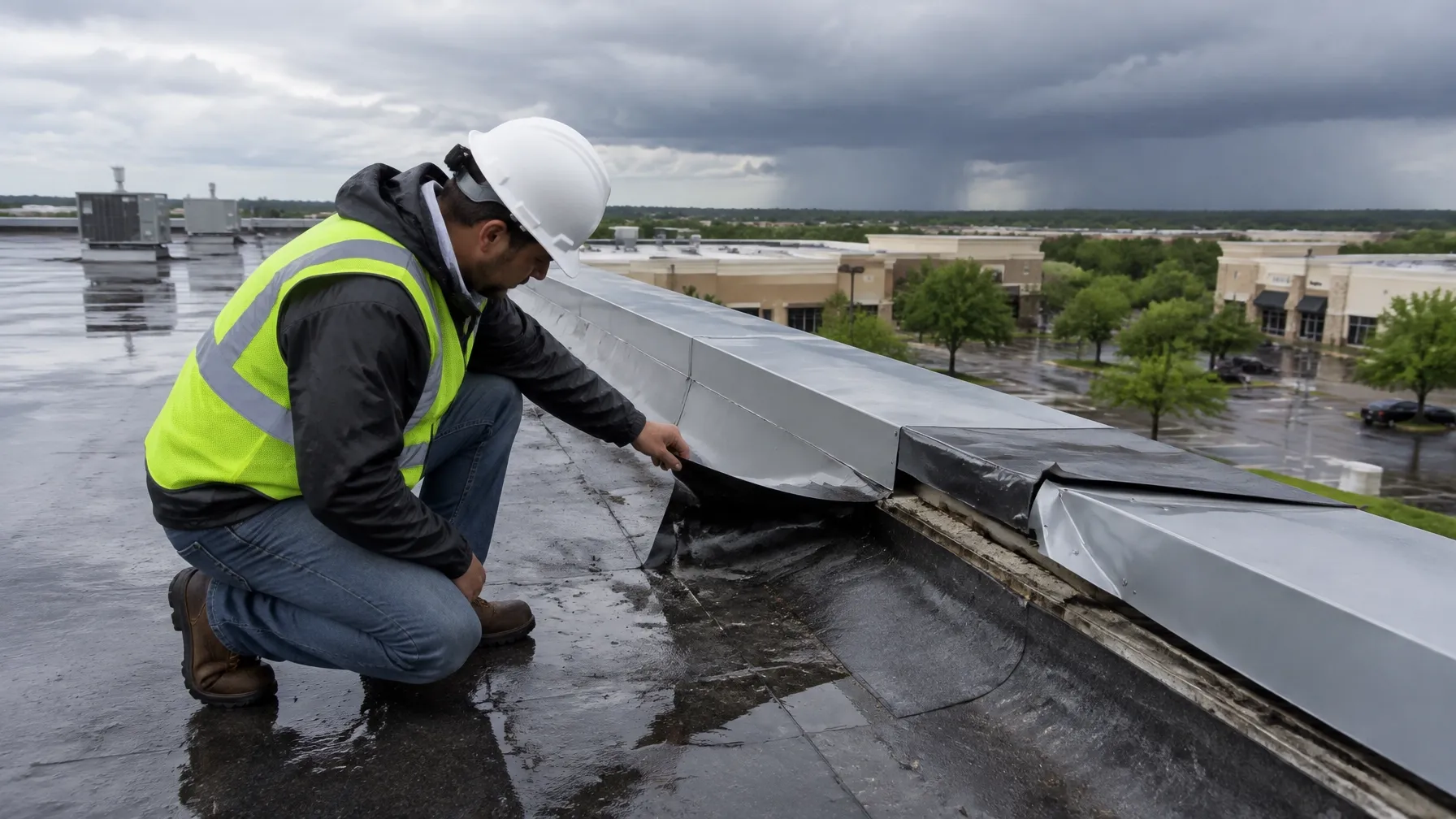 Commercial roof repair inspection at a lifted flashing after a storm