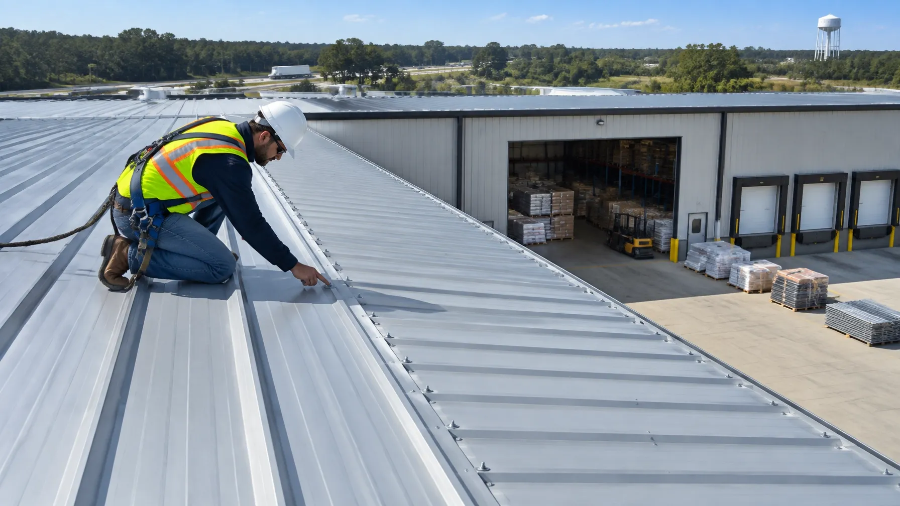 Commercial metal warehouse roof and loading docks in Tomball