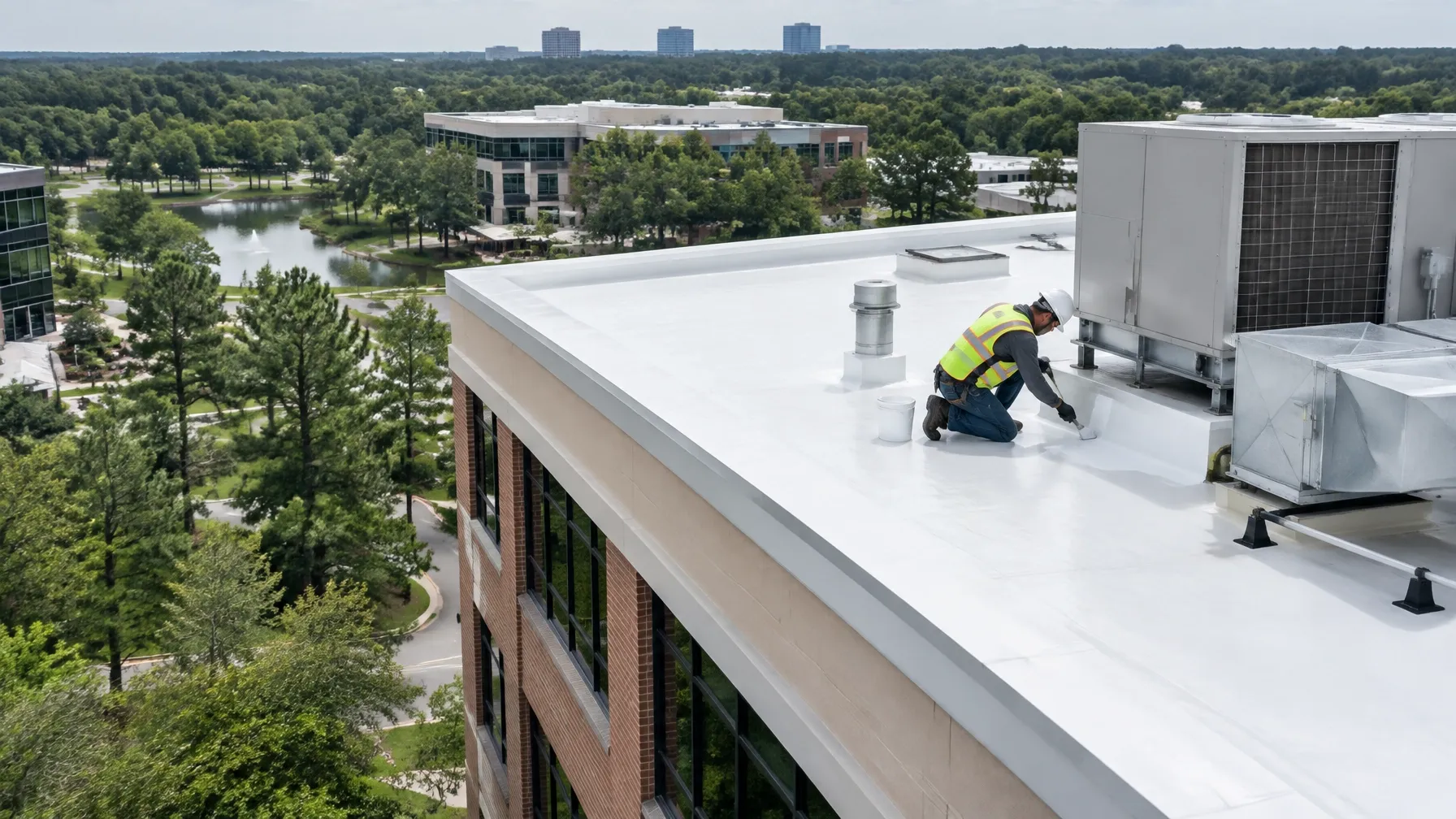 Commercial office roof restoration work above a Woodlands office property