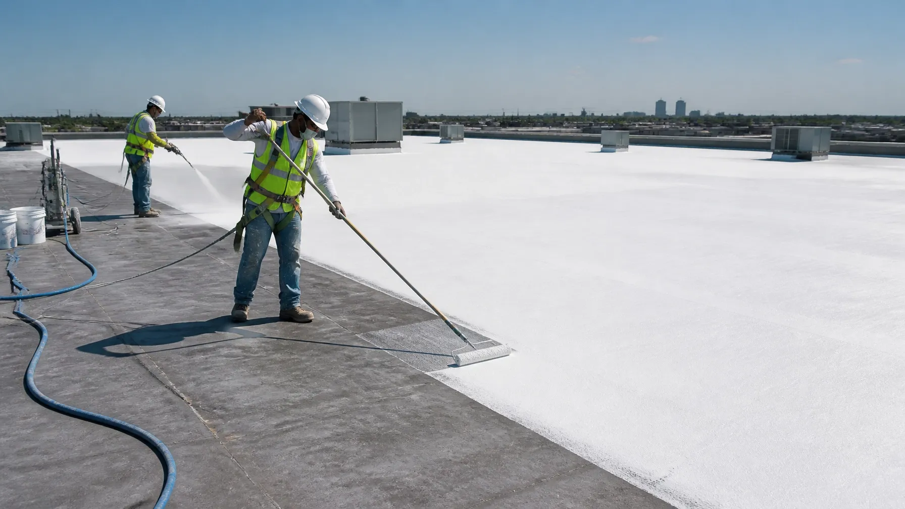 Professional roofers applying bright white elastomeric coating from dry roof sections with a roller and spray rig